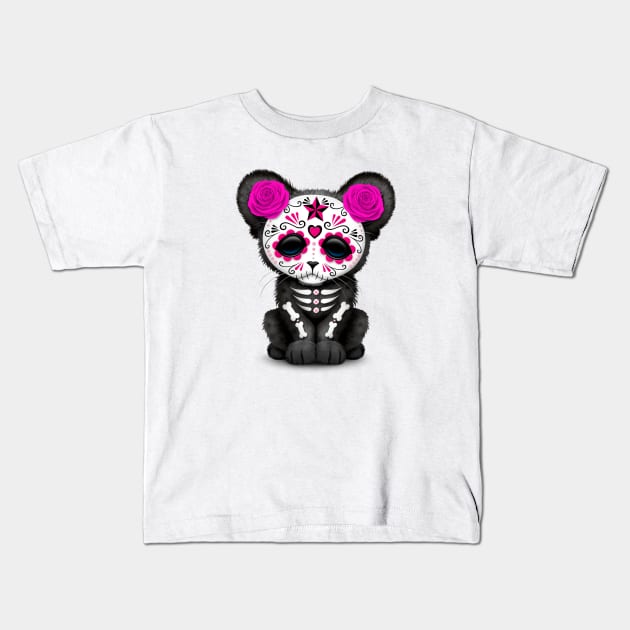 Pink Day of the Dead Sugar Skull Panther Cub Kids T-Shirt by jeffbartels